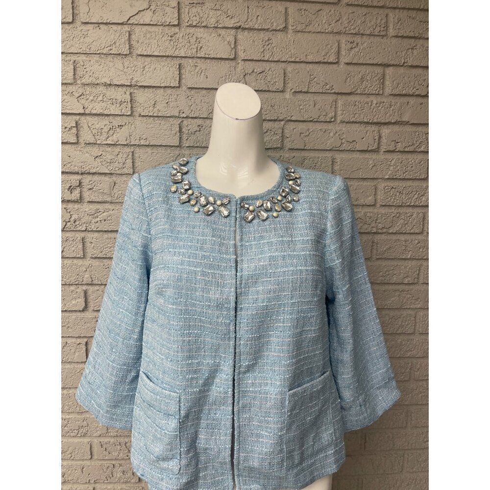 Joan Rivers Women Blue Rhinestone Faux Pearl Crop Jacket Size S NWOT
